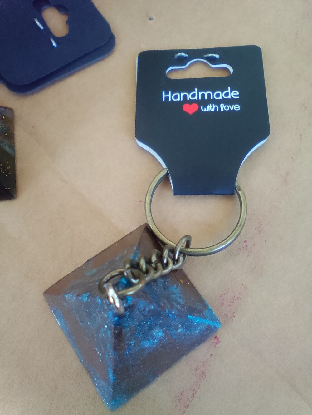 Handmade Blue Metallic Pyramid Keychain -